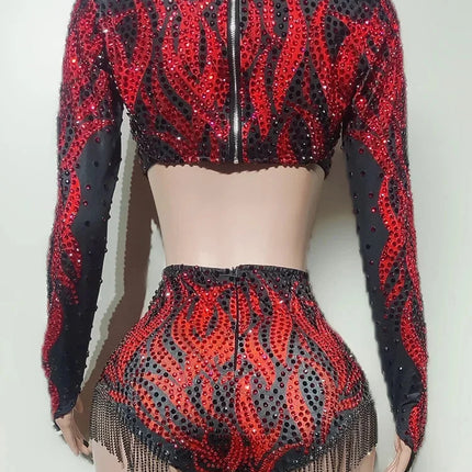 Crimson Red Crystal Cutout Crop Top & Shorts 2-Piece Stage Dance Costume Set