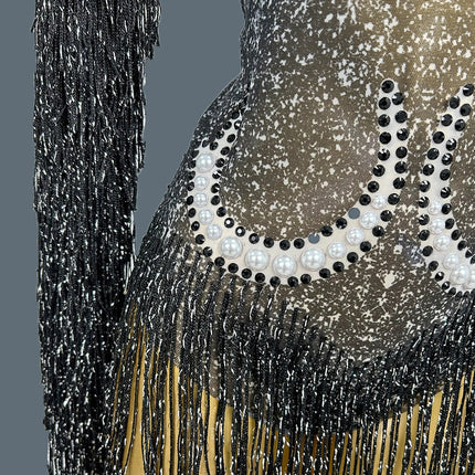 Pearl & Rhinestone Tassel Stage Costume Bodysuit Dance Leotard