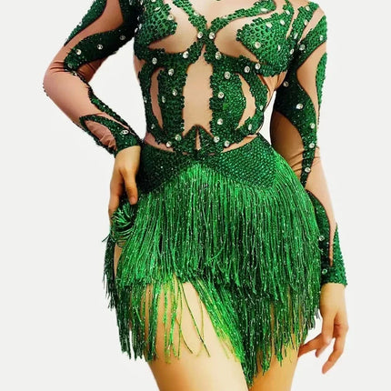 Sparkly Green Crystal & Tassel Fringe Bodysuit Stage Performance Costume