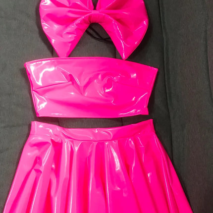 Patent Leather Bow Bralette, Pleated Mini Skirt & Headband 3-Piece Stage Dance Costume Set