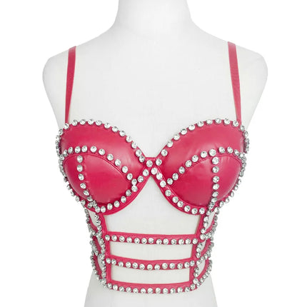 Gothic Studded Faux Leather Bustier Top Cage Strap Party Bralette