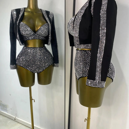 Rhinestone Bustier, High-Waist Mini Shorts & Cropped Jacket 3-Piece Performance Costume Set