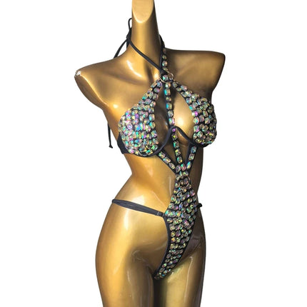 Cut-Out Rhinestone Bandage Performance Set – Shimmering Crystal Push-Up Costume & Open-Front Leotard Accent for Raves & GoGo Dancers