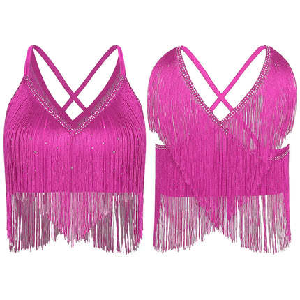 V-Neck Crisscross Back Tassel Fringe Crop Top Latin Salsa Dance Costume