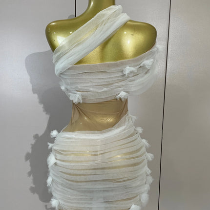Vintage-Inspired White One-Shoulder Mesh Party Dress