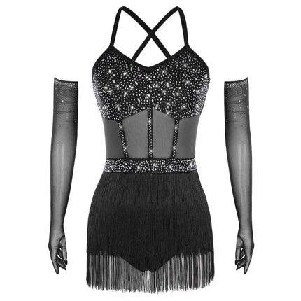 Rhinestone Latin Dance Dress, Mesh Tiered Tassel Bodysuit & Long Gloves Set