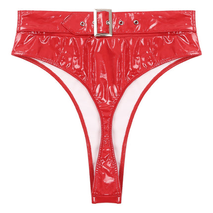 High-Waist Patent Leather Wet-Look Briefs with Adjustable Back Buckle Belt