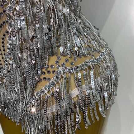 Sparkly Rhinestone Tassel Backless Mesh Bodysuit Luxury Stage Performance Costume