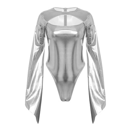 Metallic Flared Sleeve Cutout Disco Bodysuit & Metallic Rave Leotard