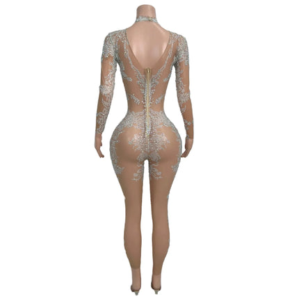 High Neck Crystal Appliqué Illusion Bodysuit