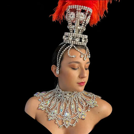 Crystal Rhinestone Ostrich Feather Headdress & Necklace Set