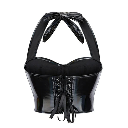Black Shiny PU Leather Halter Corset Crop Top Push-Up Bustier Gothic Bra
