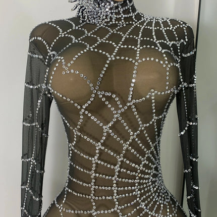 Black Spider Mesh Jumpsuit For Women Sexy Long Sleeve Performance Rompers Dance Show Stage Costume