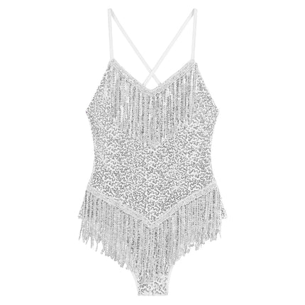 Sequins Fringed Cross Back Latin Dance Leotard Sleeveless V-Neck Bodysuit