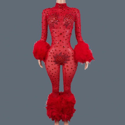 Sparkly Rhinestone & Feather Cuffed Jumpsuit Stage Performance Catsuit Costume
