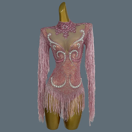Pearl & Rhinestone Tassel Stage Costume Bodysuit Dance Leotard