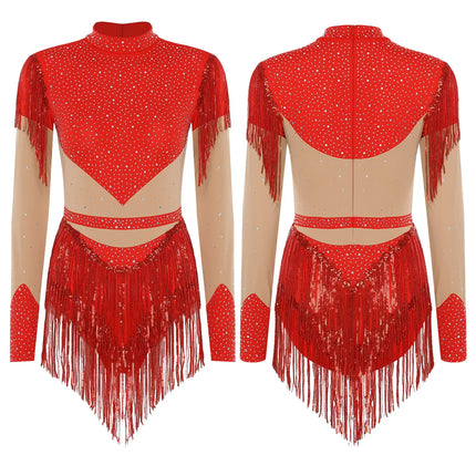 Rhinestone Sequin Tassel Long Sleeve Dance Jumpsuit Bodysuit
