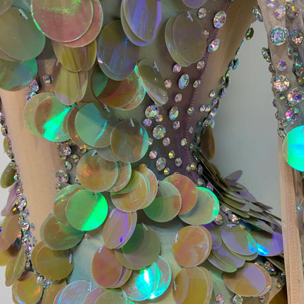 Iridescent Mermaid Scale Sequin & Rhinestone Illusion Bodysuit Stage Costume