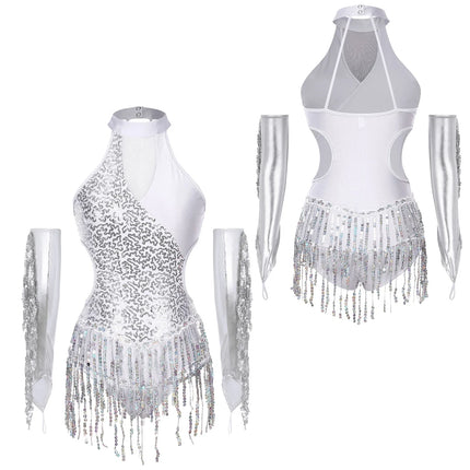Sequined Fringe Latin Dance & Figure Skating Jumpsuit Leotard Set with Mesh Gloves