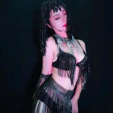 Luxury Crystal Tassel Bikini & Wig Performance Set – Premium Showgirl Stage Costume for GoGo Dancers, Nightclub DJs & Rave Outfits