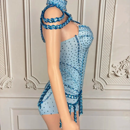 Sparkly Rhinestone Tassel Spandex Bodysuit Halter Dance Stage Costume Leotard