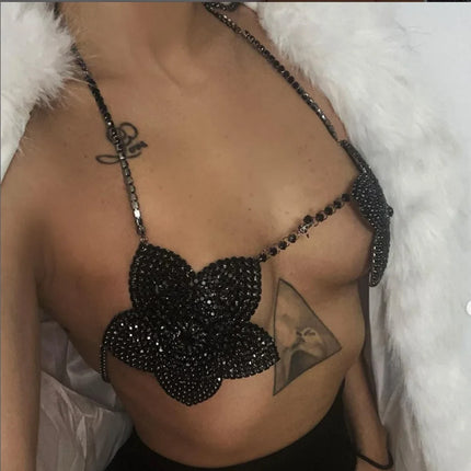 Crystal Flower Bust Chain Bra – Luxury Rhinestone Harness Top & Statement Lingerie for Raves, Festivals & Nightclub Events