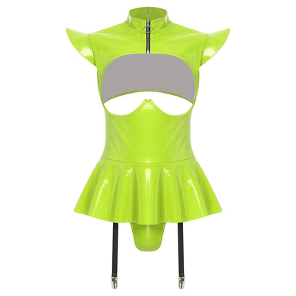Glossy Wet-Look Halter Romper Bodysuit with Flared Skirt Hem & Integrated Garters