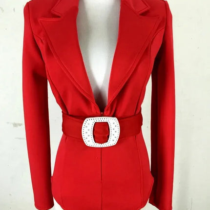 Women's Long Sleeve Blazer Bodysuit with Crystal Belt, V-Neck Zipper Stage & Concert Performance Costume