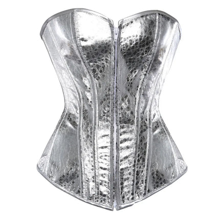 Gothic Metallic Faux Leather Overbust Corset Shiny Steel-Look Bustier