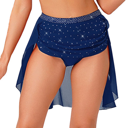 Womens Modern Lyrical Dance Skirt Performance Costume Sparkly Rhinestone Irregular Chiffon Hem Built-in Briefs Skirt Dancewear