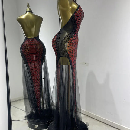 Claret Red Snakeskin Rhinestone Halter Gown Backless Mesh Illusion Evening Maxi Dress