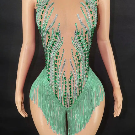 Sparkly Rhinestone, Sequin & Fringe Sleeveless Bodysuit Stage Performance Costume