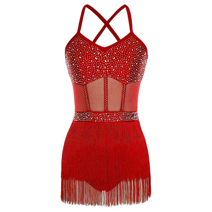 Rhinestone Latin Dance Dress, Mesh Tiered Tassel Bodysuit & Long Gloves Set