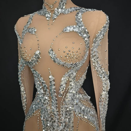 Sparkly Silver Rhinestone & Sequin Long-Sleeve Sheer Mini Dress Stage Performance Costume