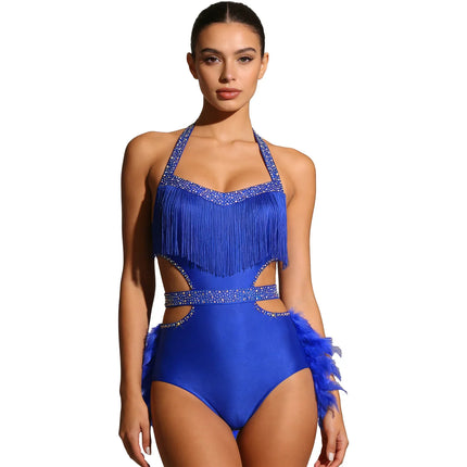 Glittery Rhinestone & Faux Feather Latin Dance Leotard Halter Bodysuit