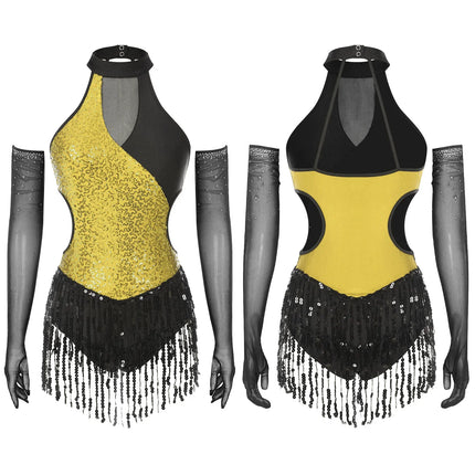 Sequined Fringe Latin Dance & Figure Skating Jumpsuit Leotard Set with Mesh Gloves