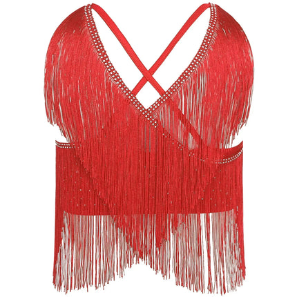 V-Neck Crisscross Back Tassel Fringe Crop Top Latin Salsa Dance Costume