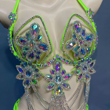 Handmade Samba Carnival Crystal Wire Bra, Panty & Belt 3-Piece Costume Set