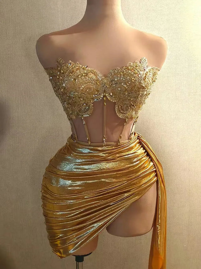 The Stardust Siren Draped Mini Dress – Luxury Rhinestone Mesh Stage Dress