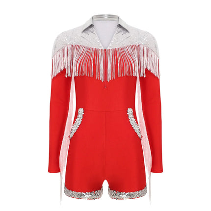 Western Cowgirl Sequin Fringe Long Sleeve Bodysuit Disco Dancewear Romper