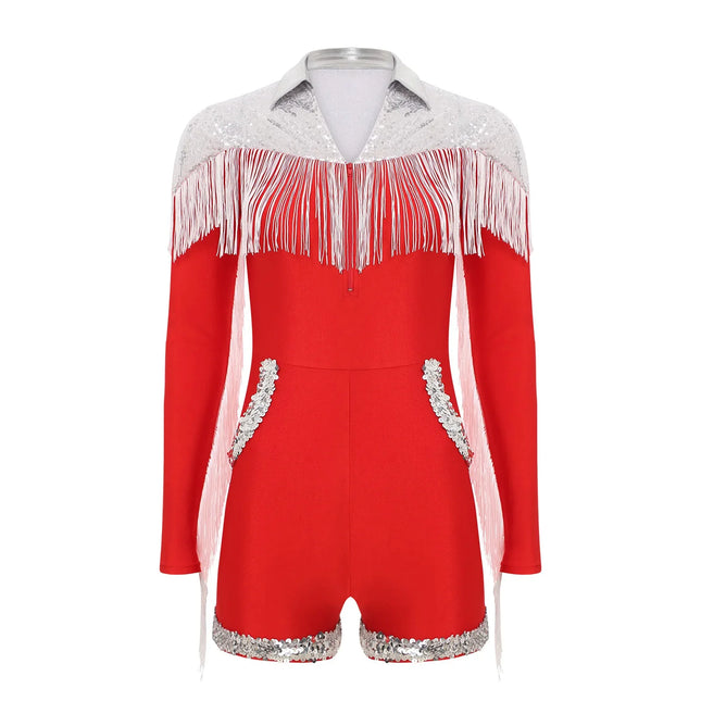 Western Cowgirl Sequin Fringe Long Sleeve Bodysuit Disco Dancewear Romper