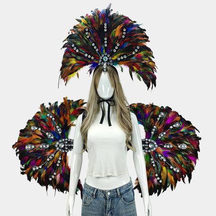 Unisex Artisanal Feather Headdress & Wings Carnival Performance Set
