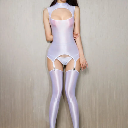 Oil Glossy Sheer Sleeveless Hollow-Out Garter Bodysuit with G-String & Stockings Set