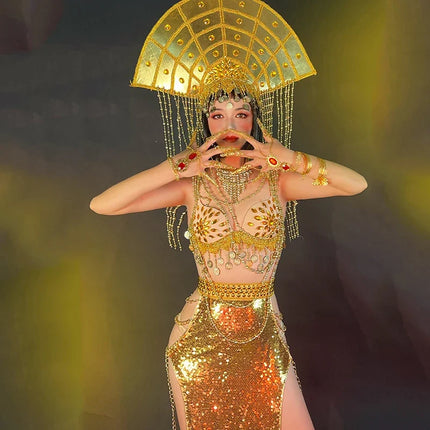 Egyptian Dance Queen Gold Rhinestone Bikini & Sequins Skirt Stage Performance Costume Set