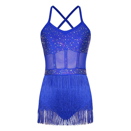 Rhinestone Latin Dance Dress, Mesh Tiered Tassel Bodysuit & Long Gloves Set