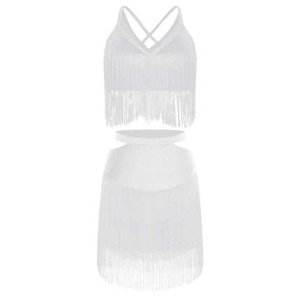 Sparkly Rhinestone & Tassel Fringe Two-Piece Latin Tango Dance Outfit Set