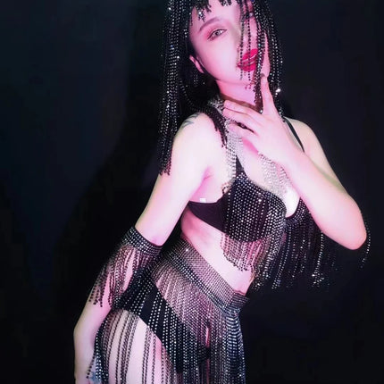 Luxury Crystal Tassel Bikini & Wig Performance Set – Premium Showgirl Stage Costume for GoGo Dancers, Nightclub DJs & Rave Outfits