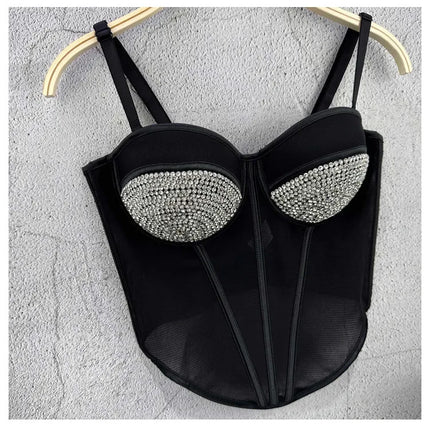 Rhinestone Mesh Denim Bustier Corset Crop Top Push-Up Party Bralette