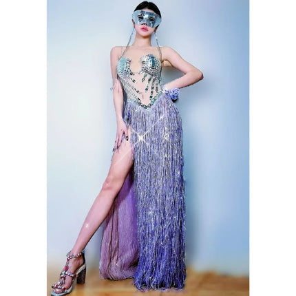 Strapless Rhinestone Fringe High-Slit Showgirl Gown – Glamour Stage Performance & Gala Evening Dress