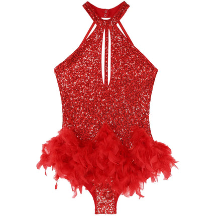 The Stardust Empress Royale – Sequined & Feathered Latin Dance Leotard Dress